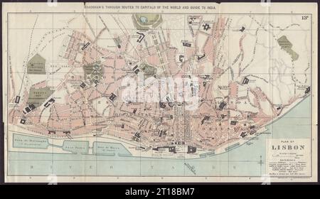 Stadtplan VON LISSABON mit antikem Stadtplan. Portugal. BRADSHAW C1899 alt Stockfoto