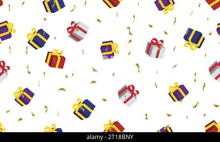 3D nahtlose Geschenke und goldener Konfetti-Muster Hintergrund für Geburtstag und Jubiläumsdekoration mit transparentem Hintergrund Stock Vektor