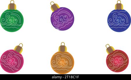 3D weihnachtskugeln in sechs verschiedenen Farben blau, grün, Voilet, rosa, orange und rot mit transparentem Hintergrund, weihnachtsdekoration Element mit tra Stock Vektor