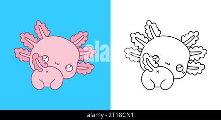 Kawaii Axolotl Clipart mehrfarbig und schwarz-weiß. Niedliches Kawaii-Tier. Stock Vektor