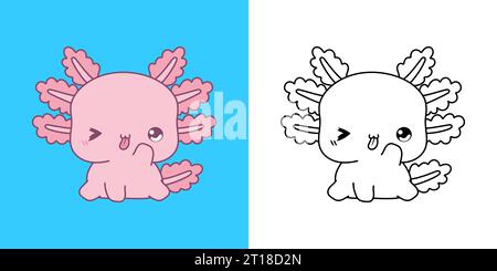 Clipart IsolatedAxolotl mehrfarbig und schwarz-weiß. Niedliches Zeichentricktier. Stock Vektor