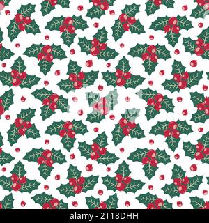 Vektor nahtlose Weihnachtsmuster mit stechpalme, Beeren und Schneeflocken, festliche Silvester-Winterkulisse Stock Vektor