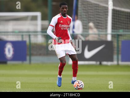 Ayden Heaven of Arsenal U18. - Chelsea U18 gegen Arsenal U18, U18 Premier League, Chelsea Training Ground, Surrey, Vereinigtes Königreich. - 30. September 2023. Nur redaktionelle Verwendung – es gelten Einschränkungen für DataCo Stockfoto