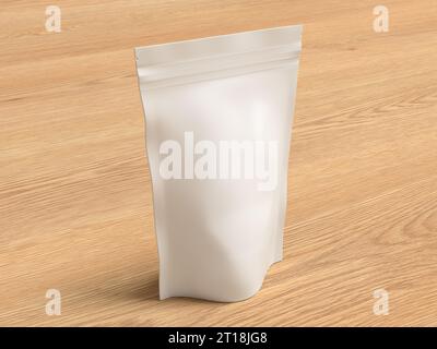 Weißes Verpackungsbeutel Modell für Tee, Kaffee, Snack auf hölzernem Hintergrund. Branding-Modell Stockfoto