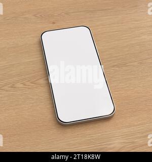 Leerer Bildschirm des Smartphones auf hölzernem Hintergrund Stockfoto