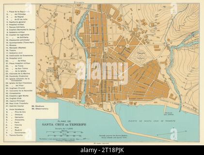 Plano de Santa Cruz, Teneriffa, Kanarische Inseln. Stadtplan. SAMLER BROWN 1932 MAP Stockfoto