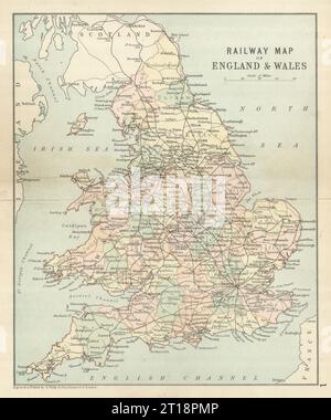 BRITISCHE EISENBAHNEN. Eisenbahnkarte von England und Wales. PHILIP 1889 alt Stockfoto