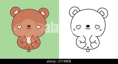 Legen Sie Clipart Bear Coloring Page und farbige Illustration fest. Kawaii Isoliertes Waldtier. Stock Vektor