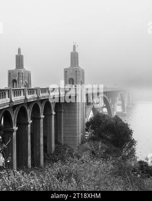 Die Isaac Lee Patterson Bridge an der US 101 über die Mündung des Rogue River in Gold Beach Oregon an einem nebeligen Tag in Schwarz-weiß. Stockfoto