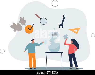 Jugendliche in Technik und Teenager arbeiten mit Robotern kodieren. Künstliche Intelligenz mit Software und Elektronik programmieren. Stock Vektor