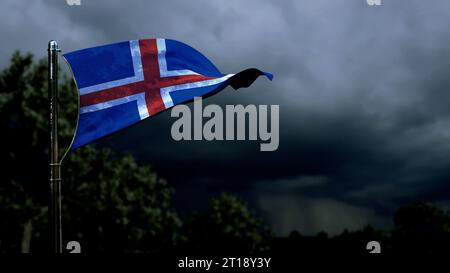Islandflagge für nationale Feier auf dunklen Sturmwolken – abstrakte 3D-Illustration Stockfoto