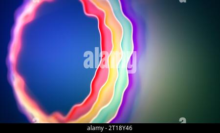 Farbenfrohe, leuchtende, geschwungene Formen auf blauem Hintergrund - abstrakte 3D-Illustration Stockfoto