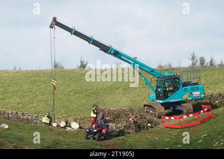 Die Arbeiten beginnen mit der Entfernung des umgeschlagenen Sycamore Gap Baumes an der Hadrian's Wall in Northumberland. Bilddatum: Donnerstag, 12. Oktober 2023. Stockfoto