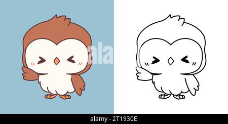 Kawaii Clipart Owl Illustration und für Ausmalseite. Lustiges Kawaii-Tier. Stock Vektor