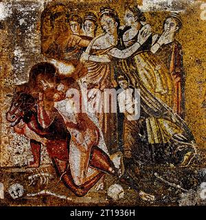 Mosaik aus Pompeji Römerstadt befindet sich in der Nähe von Neapel in der Region Kampanien in Italien. Pompeji wurde bei der Eruption des Vesuvs 79 n. Chr. unter 4-6 m vulkanischer Asche und Bimsstein begraben. Italien, Museum, Neapel, Stockfoto