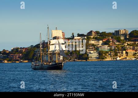 Der historische Trader SOUTHERN SWAN, 1922 in Dänemark gebaut, fährt heute als Charterschiff in Sydney, NSW, Australien. Stockfoto