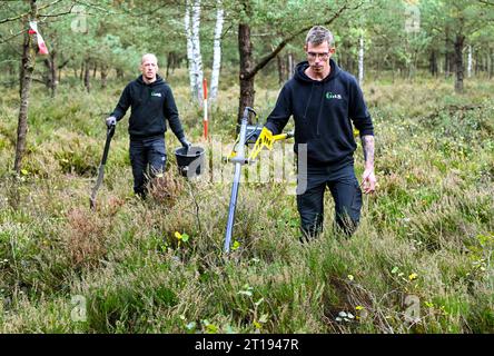 Lychen, Deutschland. Oktober 2023. Die Munitionsminen Patrick Steffan (l) und Julian Hohnke sind auf dem ehemaligen Truppenübungsplatz Tangersdorf unterwegs, um alte Munition zu finden und zu entsorgen. Ein Teil der Heidefläche der Heinz Sielmann Stiftung steht noch aus. Die Stiftung schafft derzeit die Voraussetzungen dafür, dass die Heide in den kommenden Jahren auf dem ehemaligen Militärübungsplatz wieder blühen kann und dass das für die Artenvielfalt wertvolle Freiland nicht schrittweise in Wald verwandelt wird. Quelle: Jens Kalaene/dpa/Alamy Live News Stockfoto