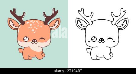 Clipart IsolatedDeer mehrfarbig und schwarz-weiß. Niedliches Cartoon Waldtier. Stock Vektor
