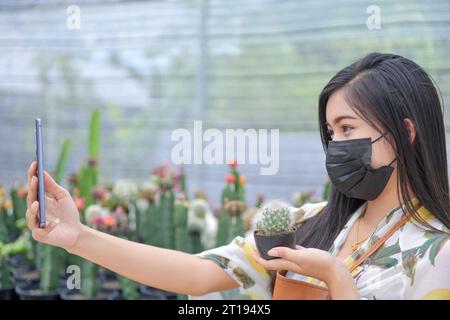 Frau, die in einem Gewächshaus steht und einen Kaktus fotografiert, Thailand Stockfoto