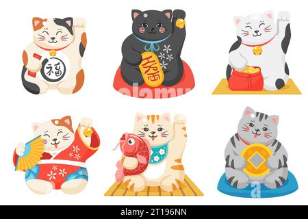 Maneki neko, japanische Glückskatzen setzen Vektor-Illustration. Cartoon isolierte niedliche, fette Kätzchen in Kragen mit Tasche mit Geld und goldenen Münzen, Fisch und Glocke, Glück und asiatischen Glückssymbolen Stock Vektor