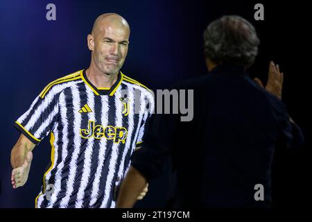 Zinedine Zidane schüttelt Michel Platini bei der „Together, A Black & White Show“, einer Veranstaltung, die vom FC Juventus im Rahmen der Feierlichkeiten zum 100-jährigen Bestehen der Familie Agnelli als Präsident des Vereins organisiert wurde. Stockfoto