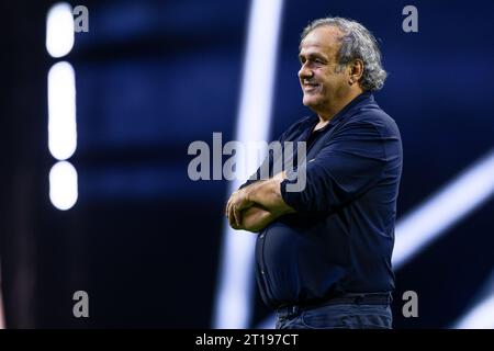 Michel Platini während der „Together, A Black & White Show“, einer Veranstaltung, die vom FC Juventus im Rahmen der Feierlichkeiten zum 100-jährigen Bestehen der Familie Agnelli als Präsident des Vereins organisiert wurde. Stockfoto