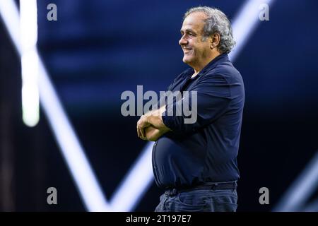 Michel Platini während der „Together, A Black & White Show“, einer Veranstaltung, die vom FC Juventus im Rahmen der Feierlichkeiten zum 100-jährigen Bestehen der Familie Agnelli als Präsident des Vereins organisiert wurde. Stockfoto