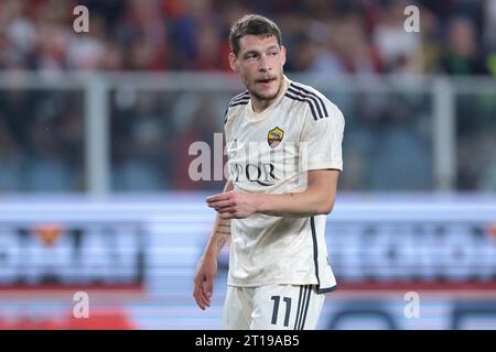 Genua, Italien, 28. September 2023. Andrea Belotti von AS Roma reagiert während des Spiels der Serie A bei Luigi Ferraris in Genua. Der Bildnachweis sollte lauten: Jonathan Moscrop / Sportimage Stockfoto