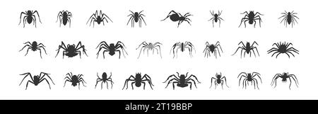 Satz von schwarzen Silhouetten von Spinnen isoliert auf weißem Hintergrund, Vektorillustration Stock Vektor
