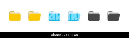 Ordner mit Dokumenten. Öffnen und schließen Sie die Datei. Archivieren Sie das gelbe, blaue und schwarze flache Symbol. Vektorisolierte Illustration für Web- und App-Design Stock Vektor