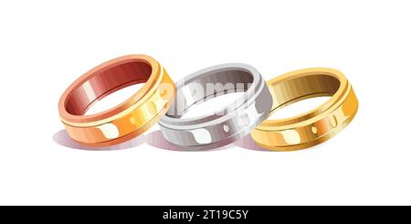Gold-, Silber- und Kupferring flache Karikatur isoliert auf weißem Hintergrund. Vektorabbildung Stock Vektor