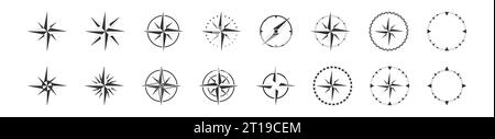 Kompass-Geografie: Schwarzes Symbol. Windrose mit Richtungssymbolen. Globales Positionierungssystem. Isolierte Vektordarstellung Stock Vektor