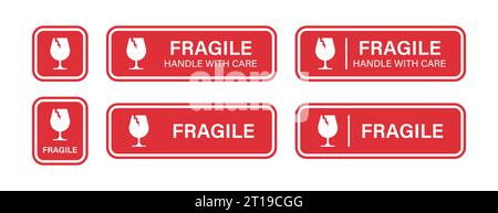 Zerbrechliches Set mit roten Stäben. Etikett mit dem Symbol „Glasbruch“ vorsichtig handhaben. Isoliertes Symbol, Vektorillustration Stock Vektor