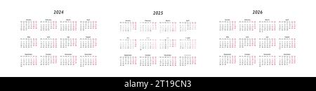 Kalender 2024, 2025 und 2026, Woche beginnt Montag. Vector Corporate Design Planer Stock Vektor