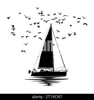 Segelboot, Möwen und Wellensilhouette. Yachtsymbol. Symbol für Seereisen. Segelboot auf dem Meer oder See.Boot zur Erholung.Schiff für tägliche Kreuzfahrten.Vektor Stock Vektor