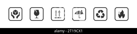 Zerbrechlich, vorsichtig handhaben, trocken halten, nach oben, Feuer, Symbol für recycelten Satz. Verpackungssymbole. Warnsymbole für die Lieferung. Isolierte Vektordarstellung Stock Vektor