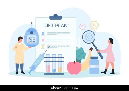 Diätplan für Diabetesvektorillustration. Cartoon winzige Menschen planen Ernährung für Adipositas Kontrolle, gesunde Lebensmittel für Gewichtsverlust, Arzt hält Glucometer, um Blutzuckerspiegel zu überwachen Stock Vektor