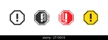 Verkehrszeichen „Pixel Stop“. 8-Bit-Gefahrensymbol für das achteckige 8-Bit-Symbol einstellen. Isolierte Vektordarstellung Stock Vektor