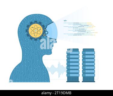 Illustration der Innovationsvektoren KI und Kybernetik. Cartoon isoliertes futuristisches Cyberspace-System mit Roboterkopf in VR-Gerät und abstraktem Schaltkreis im Inneren, sicherem Software-Code und Computerhardware Stock Vektor