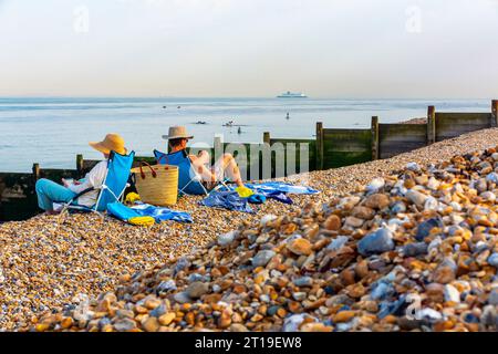 Ein Paar auf Liegestühlen liest und sonnt sich am Kingsdown Beach in Kent England, Großbritannien, mit Gürtelrose im Vordergrund und einem großen Schiff am Horizont. Stockfoto