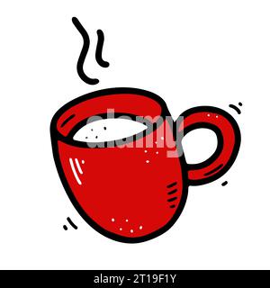 Kritzele eine Kaffeetasse. Niedliches heißes Getränk isoliert auf weißem Hintergrund. Roter Tee, Latte, Cappuccino, Americano-Becher mit Griff, Dampf. Vektorschalen illustr Stock Vektor