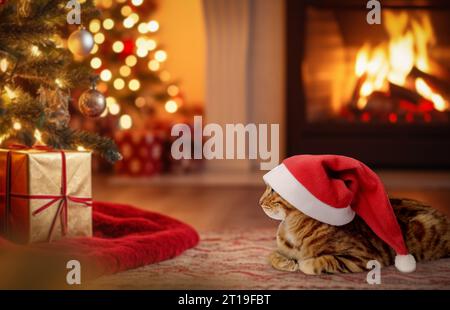 Weihnachtskatze mit rotem Weihnachtsmann-Hut. Weihnachtsmann Katze in einem Zimmer, das zu Weihnachten dekoriert ist. Stockfoto