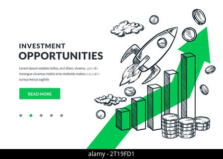 Raketen-, Geld-, Börsenstatistik-Diagramm. Konzept für Investitionen, Handel, Finanzen und Wachstum. Abbildung einer handgezeichneten Vektorskizze. Poster Banner Design t Stock Vektor