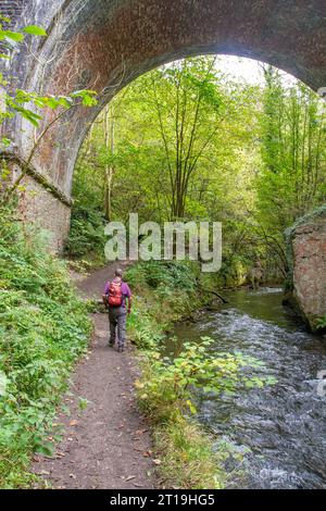 Man wandert am Ufer des Derbyshire River Wye entlang, während er unter dem Monsal Trail Footpath Viadukt im Peak District England, Großbritannien, passiert Stockfoto