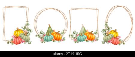 Set aus goldenen Rahmen, dekoriert mit Kürbissen, Beeren und Eukalyptus. Thanksgiving, Erntefest, Herbststimmung. Aquarell für Karten, Glückwunsch Stockfoto