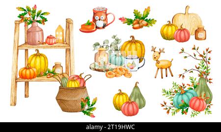 Set mit Aquarellkompositionen mit Inneneinrichtung, Kürbissen, Eicheln und süßem Gebäck. Gemütliches Zuhause, warmer Herbst, Thanksgiving Tag. Skandinavisches Design für ca. Stockfoto