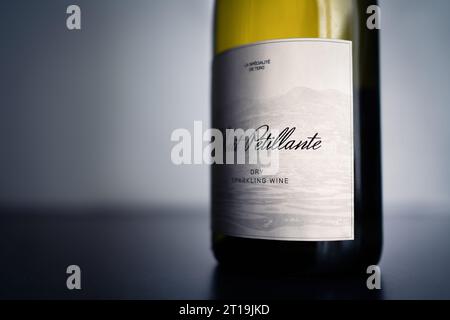Sektflasche mit Etikett und Modellmarke. Prosecco, Champagner oder Cava auf dem Tisch. Elegantes, luxuriöses Vintage-Getränk aus Frankreich oder Italien. Stockfoto