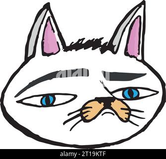 Weißer grummeliger Katzenkopf-Aufkleber mit farbigen Linien und blauen Augen trägt einen sarkastischen Ausdruck im Gesicht. Stock Vektor
