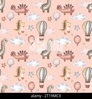 Süße Dinosaurier, Heißluftballons, Wolken, Drachen, Schmetterlinge. Nahtloses Aquarellmuster, Boho-Stil. Handgezeichnet. Textil, Stoff, Tapete, Design. Stockfoto