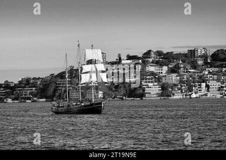 Der historische Trader SOUTHERN SWAN, 1922 in Dänemark gebaut, fährt heute als Charterschiff in Sydney, NSW, Australien. Stockfoto